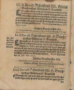 Lit. B Extract Schreibens sehl. H. Bruchtorffens Witben Witben an D. Krauthoff.