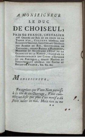 A Monseigneur le Duc De Choiseul.