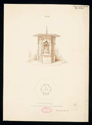 Kiosk Monatskonkurrenz April 1870: Grundriss, perspektivische Ansicht; 2 Maßstabsleisten