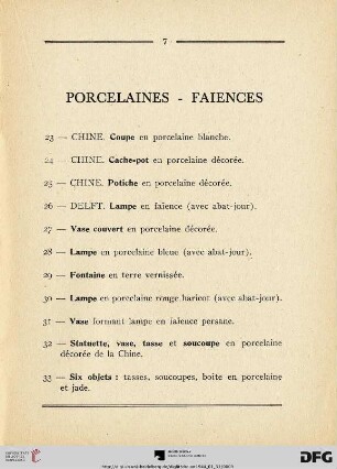 Porcelaines - Faiences (Nr. 23-33)
