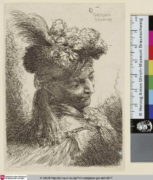 Jeune homme sans barbe, vu de trois quarts, tourné vers la droite [Kopf eines jungen Mannes mit orientalischem Turban mit Federschmuck]
