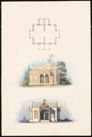Pavillon, Kairo (?): 2 Ansichten und Grundriss eines Pavillons