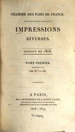 Impressions diverses : session ... 1818,1 (1818/19) = Nr. 1 - 45
