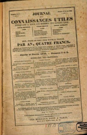 Journal des connaissances utiles : répertoire mensuel et progressif de tous les faits utiles, économiques et nouveaux. 2. 1832 = Vol. 1