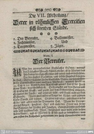 Die VII. Abtheilung/ Derer in rühmlichen Exercitien sich übenden Stände.