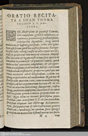 ORATIO RECITATA A IOAN. THOMA FREIGIO I. V. DOCTORE.