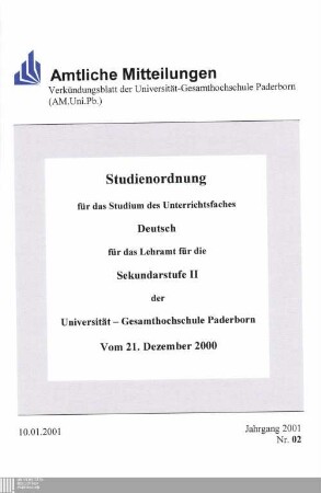 Studienordnung für das Studium des Unterrichtsfaches Deutsch für das Lehramt für die Sekundarstufe II der Universität-Gesamthochschule Paderborn : vom 21. Dezember 2000
