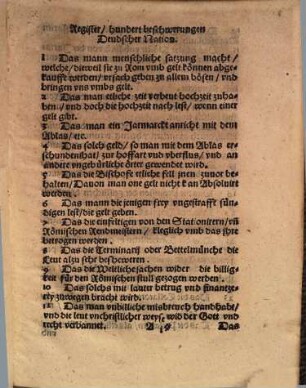 Ein register der hundert beschwerungen damit Deudschland von dem Bapst vnd den seinen jemmerlich beschwert ... wird : auffm Reichstage zu Nürnberg Anno 1523. von dem Reich dem Bapst vbersendet