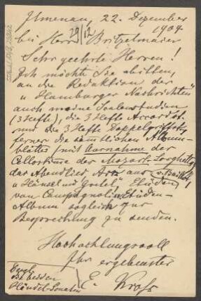 Brief an B. Schott's Söhne : 22.12.1904