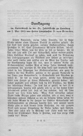 Danksagung im Gottesdienst in der St. Jakobikirche zu Hamburg am 2. Mai 1915 von Herrn Hauptpastor D. von Broecker.