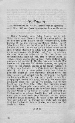 Danksagung im Gottesdienst in der St. Jakobikirche zu Hamburg am 2. Mai 1915 von Herrn Hauptpastor D. von Broecker.