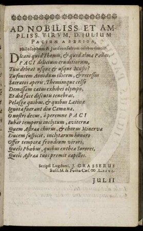 Ad Nobiliss. Et Ampliss. Virum D. Julium Pacium A Beriga [...]