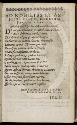 Ad Nobiliss. Et Ampliss. Virum D. Julium Pacium A Beriga [...]