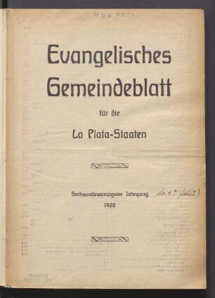 26.1920: Evangelisches Gemeindeblatt für die La Plata-Staaten