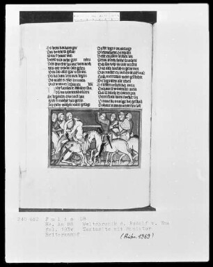 Rudolf von Ems, Weltchronik — Reiterkampf, Folio 193verso