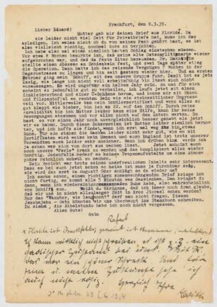 Brief von Edith Rosenzweig und Rafael Rosenzweig an Eduard Strauss