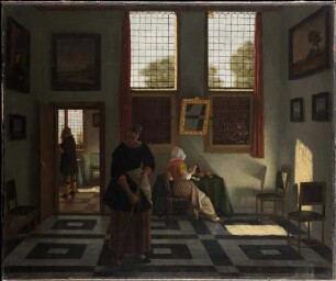 Interieur mit Maler, lesender Dame und kehrender Magd