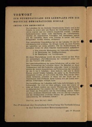 Vorwort zur Neuherausgabe der Lehrpläne für die Deutsche Demokratische Schule