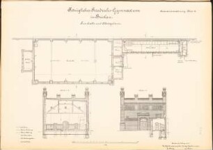 Friedrichs-Gymnasium, Breslau: Turnhalle und Abortgebäude: Grundriss, Schnitt, Fassadenansicht und Schnitt 1:100