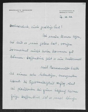 Brief von Bernhard Ercklentz an Margarete Hauptmann