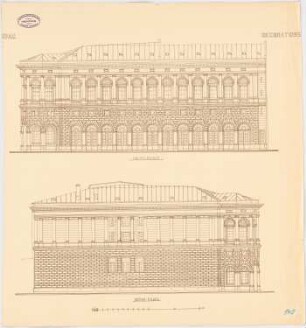 Neues Theater (Oper), Frankfurt/Main: Aufriss der Haupt- und Seitenfassade des Magazingebäudes 1:100 (vgl. Inv.Nr. 1434)
