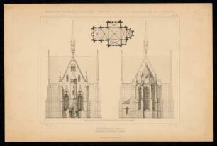 Evangelische Kirche: Grundriss, West- und Ostseite (aus: C. Schäfer, Die Bauhütte, Entwürfe im Stile des Mittelalters, 1. Bd., 1883, Tafel 26)