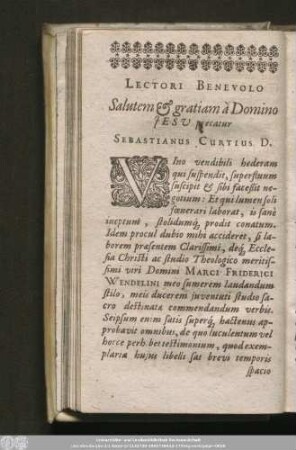 Lectori Benevolo Salutem & gratiam à Domini Iesu precatur Sebastianus Curtius D.