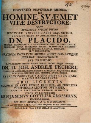 Disp. inaug. med. de homine, suaemet vitae destructore