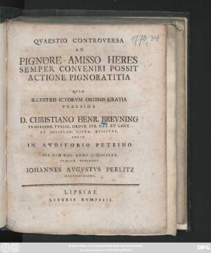 Qvaestio Controversa An Pignore Amisso Heres Semper Conveniri Possit Actione Pignoratitia