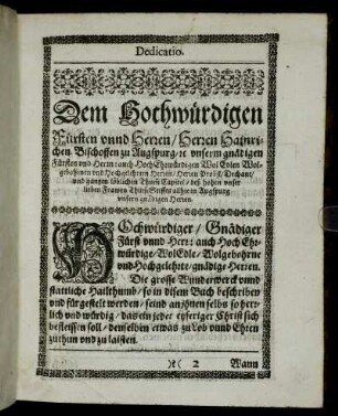 Dem Hochwürdigen Fürsten unnd Herren, Herren Hainrichen Bischoffen zu Augspurg, [et]c.