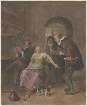 In einem Zimmer spielt ein Mann die Flöte, dabei sitzt eine Frau, die mit einem Mann spricht, der ein Körbchen trägt, hinter beiden eine alte Frau