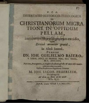 Dissertatio Historico-Theologica De Christianorum Migratione In Oppidum Pellam, imminente Hierosolymorum excidio