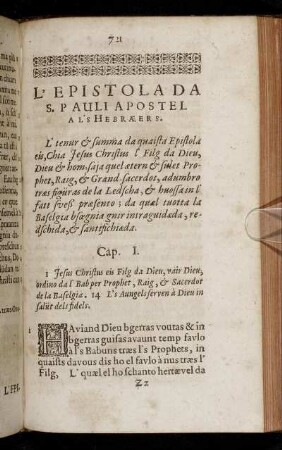 L'Epistola Da S. Pauli Apostel A L'S Hebræers.