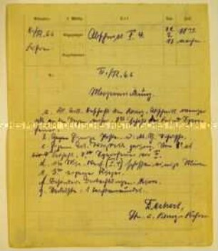 Handschriftlich ausgefüllter Vordruck zur Meldung über den aktuellen Verlauf des Kriegsgeschehens; Morgenmeldung des 8./Regiments 66 an ds II./Regiment 66; Uhrzeit 11:30 Uhr