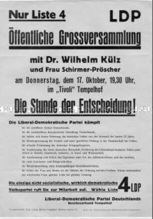 Aufruf der LDPD zu einer Wahlveranstaltung mit Wilhelm Külz