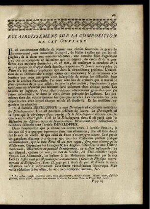 Eclaircissemens sur la composition de cet Ouvrage.
