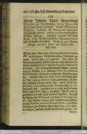 LIII. Herrn Johann Thiele Reinerdings Schreiben aus Wolffenbüttel, den 29. May an den Herrn von Leibnitz abgelassen, ...