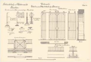 Schlachthof und Viehmarkt, Breslau Markthalle für Schweine: Details. Buchtenwand und Tür: Grundriss, Querschnitte, Längsschnitt, Ansicht. Wellblechtür: Grundriss, Querschnitt, Innen- und Außenansicht. Futtertröge: Schnitt Ansicht 1:10