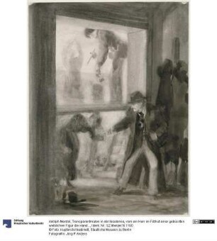 Transparentmalen in der Akademie, vorn ein Herr im Filzhut einer gebückten weiblichen Figur die Hand reichend