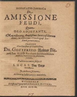 Disputatio Iuridica De Amissione Feudi