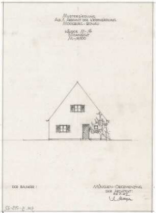 Gsaenger, Gustav; Moosburg - Bonau (Bayern); Krisensiedlung - Mustersiedlung als 1. Abschnitt der Krisensiedlung, Häuser 11 - 14, Südseite (Ansicht)