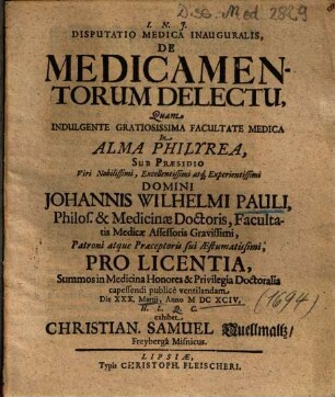 Disputatio Medica Inauguralis, De Medicamentorum Delectu