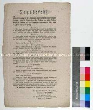Verordnung des Militärgeneralstabs betreffend Unterhalt und Verpflegung der einquartierten Militärs in Dresden (in deutscher und französischer Sprache)