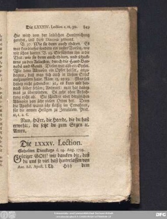 Die LXXXV. Lection. Gehalten Dienstags d. 14. Aug. 1725.