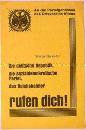 Programmatische Flugschrift des Sozialdemokratischen Vereins Altona als Mitgliederwerbung für die Vereinigung Republik im Reichsbanner Schwarz-Rot-Gold