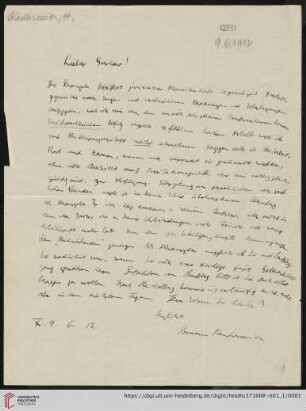 Nachlass Gustav Radbruch. Korrespondenz Hermann Kantorowicz/Gustav Radbruch: Brief von Hermann Kantorowicz an Gustav Radbruch