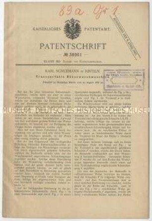 Patentschrift einer transportablen Rübenwaschmaschine, Patent-Nr. 38961