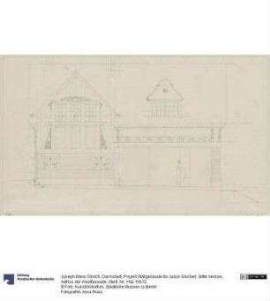 Darmstadt, Projekt Stallgebäude für Julius Glückert, dritte Version, Aufriss der Westfassade