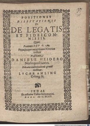 Positiones disputationis XI. de legatis et fideicommissis