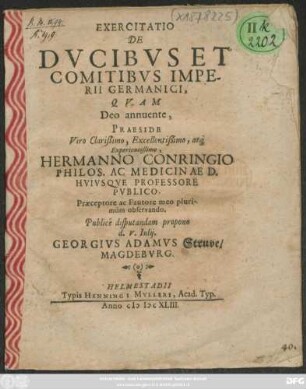 Exercitatio De Ducibus Et Comitibus Imperii Germanici